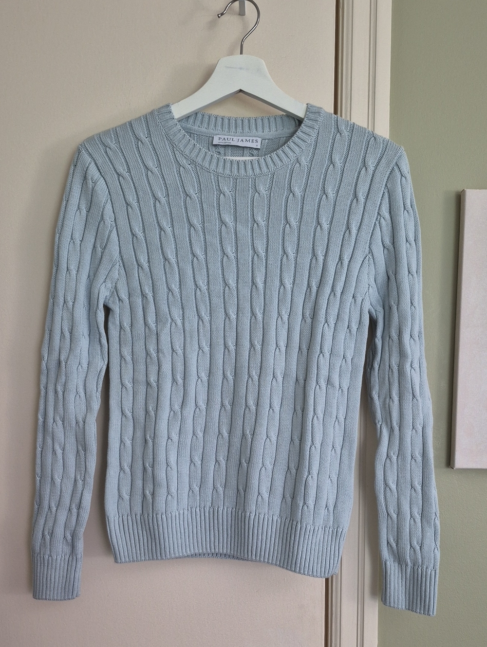 NWOT Paul James Powder Blue Cotton Cable Crewneck Sweater, S